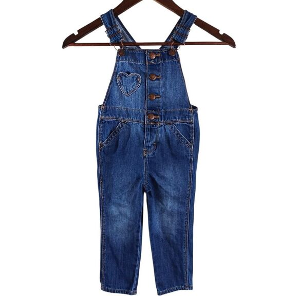 OshKosh B’gosh Girls Denim Overalls Size 2T | Heart Pocket Button Cotton Bibs - Picture 3 of 10
